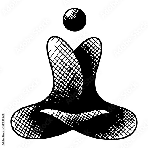 Yoga Meditation Silhouette with Zen Texture Vector, Person in Lotus Position Spiritual Mindfulness Illustration, Yoga Studio Logo Graphic