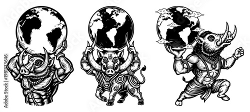 Varaha Avatar Vishnu Boar God Holding Earth Globe Vector Set, Hindu Mythology Character Illustration, Sacred Indian Religious Art