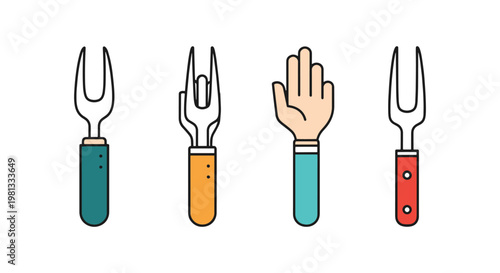 Hand Fork Line art vector set modern color shapes illustration