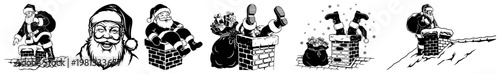 Santa Claus on Roof and in Chimney Set Vector, Funny Christmas Holiday Scenes Illustration, Father Christmas Delivering Gifts Sketch
