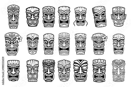 Tiki Masks and Totems Collection Vector, Polynesian Tribal Culture Symbols Set, Tropical Hawaii Style Decorative Faces Illustration