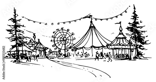 Amusement Park and Circus Tent Sketch Vector, Fairground Scene with Ferris Wheel Illustration, Hand Drawn Carnival Landscape