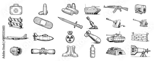 Military and War Icons Set Vector, Army Equipment Weapons and Vehicles Illustration, Tank Rifle Bomb and Bunker Line Art Sketch