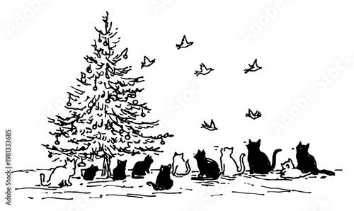 Christmas Tree and Cats Group Sketch Vector, Winter Holiday Scene with Kittens and Birds Illustration, Hand Drawn Festive Pets Art