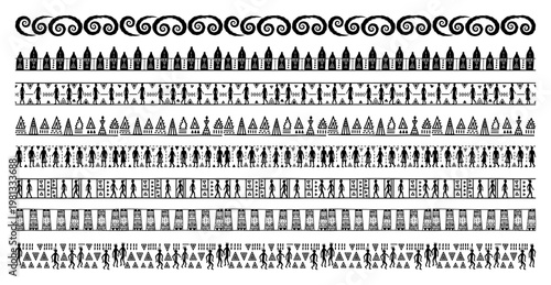 Ethnic Tribal Border Patterns Set Vector, Primitive Ancient Style Decorative Strips Illustration, African or Aboriginal Ornament Line Art