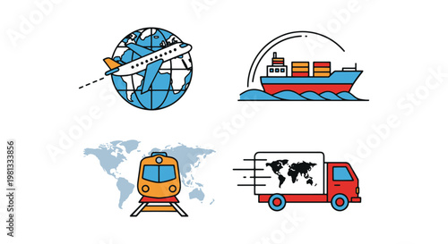 Global Transport Line art simple color shapes vector