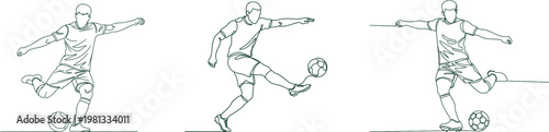 Soccer player kicking ball in dynamic motion, continuous line art for sports.