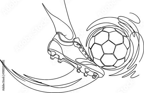 Close-up single line drawing of soccer shoe kicking ball with motion lines.