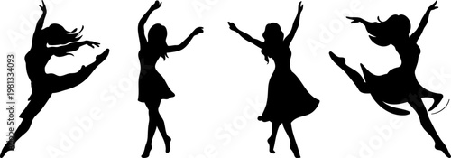 Black silhouettes of female ballet dancers in various dynamic performing poses isolated on a transparent background for design.