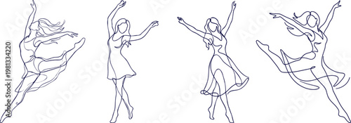 Set of four graceful female dancers in continuous line art style depicting motion and fluid elegance on transparent background.