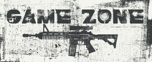 An iron wall sign with rusty bolts reading "Game Zone". Grunge Typography Poster, Gaming Club Banner, Dark Gamer Room Wall Art with machine gun, optical sight.