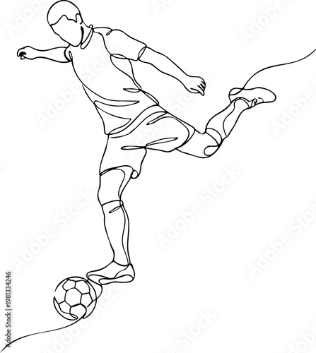 Single line drawing of soccer player preparing to kick football.