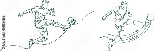 Soccer player in mid-air kicking ball, dynamic continuous line drawing.