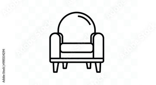 A minimalist line drawing depicts a comfortable armchair with a rounded back and sturdy legs