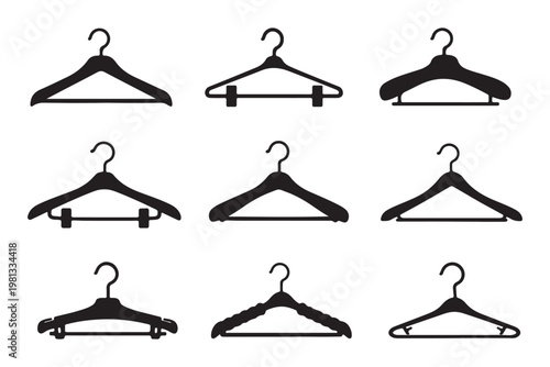 clothes hanger silhouettes featuring various styles including plastic wire and clip hangers for retail. Clothing hanger icons, t-shirts, tank tops, crop tops, blouses, bras silhouettes,black and white