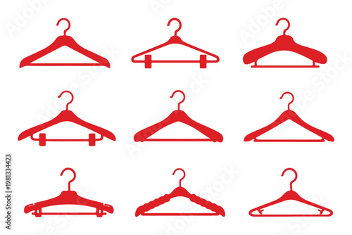 clothes hanger silhouettes featuring various styles including plastic wire and clip hangers for retail. Clothing hanger icons, t-shirts, tank tops, crop tops, blouses, bras silhouettes,black and white