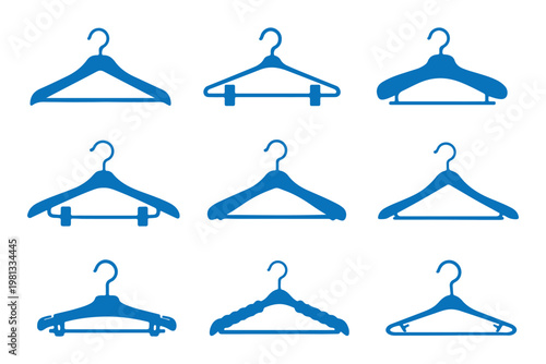 clothes hanger silhouettes featuring various styles including plastic wire and clip hangers for retail. Clothing hanger icons, t-shirts, tank tops, crop tops, blouses, bras silhouettes,black and white