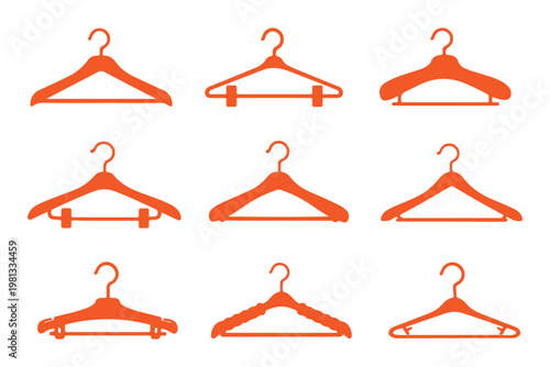clothes hanger silhouettes featuring various styles including plastic wire and clip hangers for retail. Clothing hanger icons, t-shirts, tank tops, crop tops, blouses, bras silhouettes,black and white