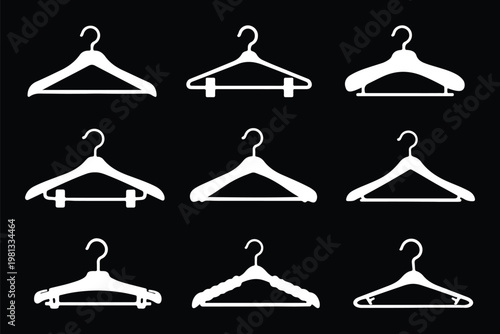 clothes hanger silhouettes featuring various styles including plastic wire and clip hangers for retail. Clothing hanger icons, t-shirts, tank tops, crop tops, blouses, bras silhouettes,black and white