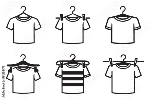 Clothes hanger equipment icons wardrobe vector illustration. T-shirt on Hanger Line Icon Set. T-shirt with hanger icon. Minimalistic Linear icon of cloths hanger symbol. Vector Illustration. 