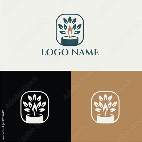 A minimalist logo design featuring a candle with leaves on a colored background