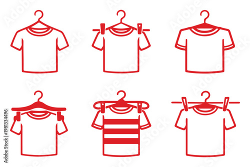 Clothes hanger equipment icons wardrobe vector illustration. T-shirt on Hanger Line Icon Set. T-shirt with hanger icon. Minimalistic Linear icon of cloths hanger symbol. Vector Illustration. 