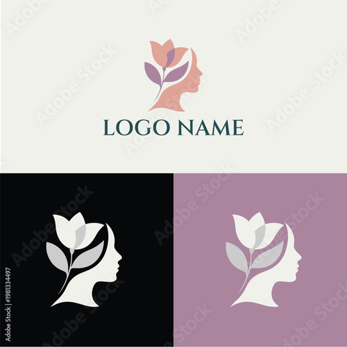 A minimalist logo design featuring a woman's head with a flower in her hair