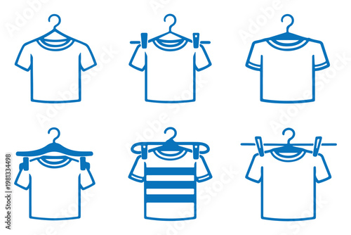 Clothes hanger equipment icons wardrobe vector illustration. T-shirt on Hanger Line Icon Set. T-shirt with hanger icon. Minimalistic Linear icon of cloths hanger symbol. Vector Illustration. 