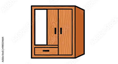 A simple cartoon illustration depicts a wooden wardrobe with a mirror and one visible drawer