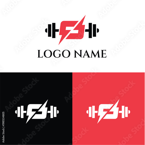 A fitness logo featuring a lightning bolt and dumbbell on a colored background