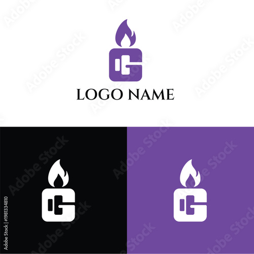 A modern logo design featuring a stylized flame and letter combination on various colored backgrounds