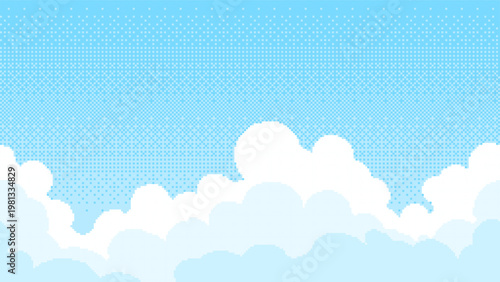 Pixel art blue sky with soft white clouds. Retro digital landscape background in Y2K aesthetic style. Computer game scenery element inspired by classic 90s vintage graphical interface.