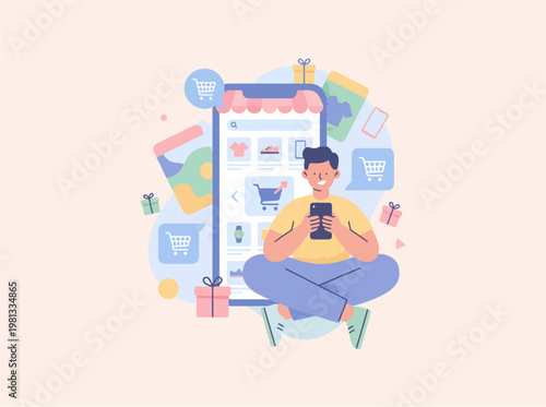 Man Using Smartphone for Online Shopping, Digital Commerce Icons Concept, Minimal Line Art Illustration