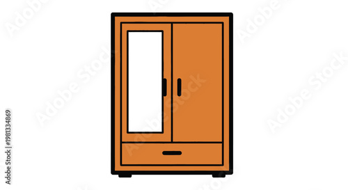 A simple cartoon illustration depicts a wooden wardrobe with two doors and a single drawer