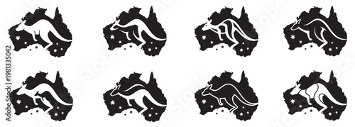 icons collection with jumping kangaroo against background on map of Australia