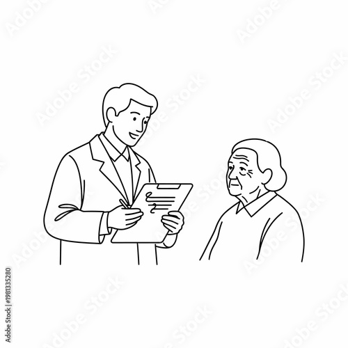 Minimalist line art of doctor consulting with elderly patient for medical checkup