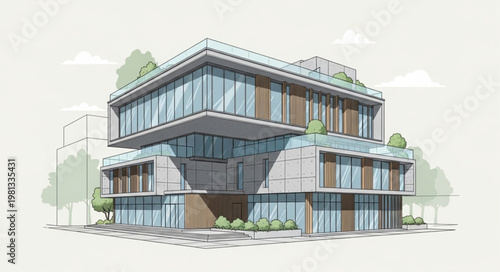 Modern Office Building Architectural Sketch with Glass Facade.