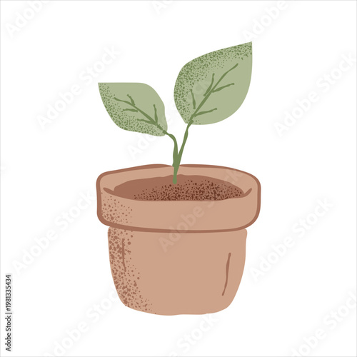 Young plant in terracotta pot isolated minimalist illustration