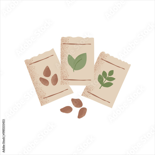 Seed packets with scattered seeds flat gardening illustration set