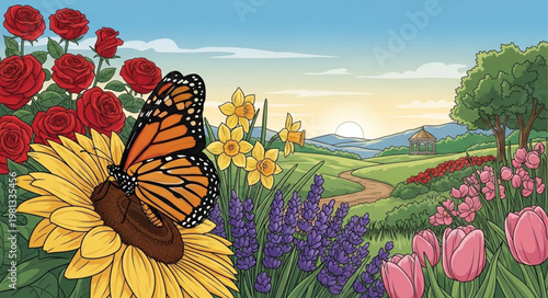 Monarch butterfly on a sunflower in a vibrant garden landscape.