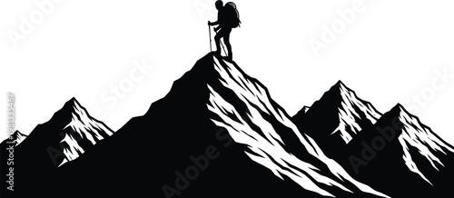 Lone hiker silhouette on mountain peak a dramatic black and white scene