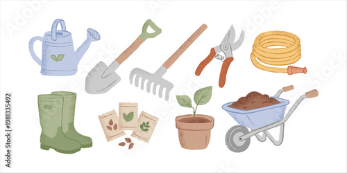 Gardening tools and equipment set with watering can, rake, shovel, pruners and wheelbarrow illustration