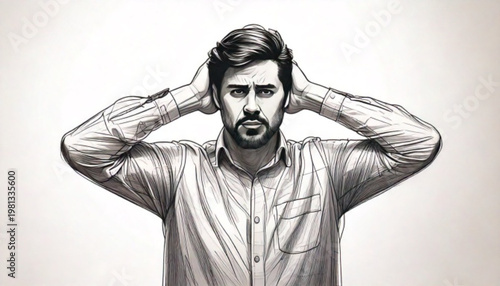 Man Covering Ears Frustrated Expression.
