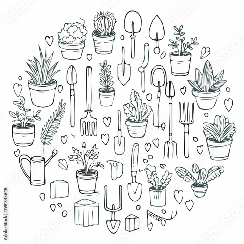 Gardening Tools and Potted Plants Doodle Art Circle.