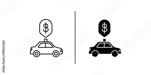 Comparison of traditional and modern ride-sharing service icons with a car and fare indicator