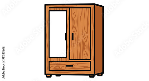 A simple cartoon illustration depicts a wooden wardrobe with two doors and one drawer