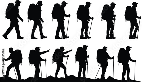 Hiking people silhouette collection diverse poses and walking styles