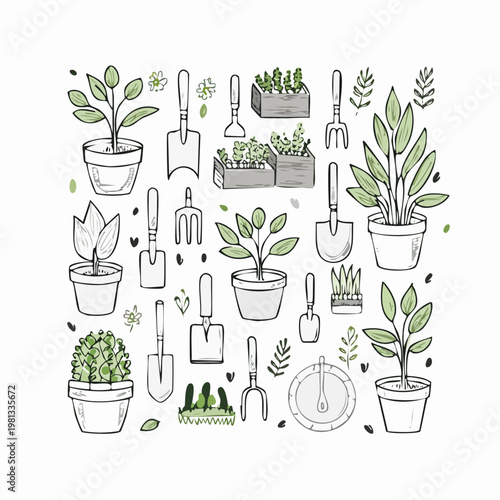 Gardening tools and potted plants illustration.