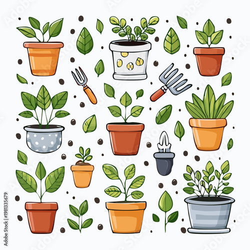 Collection of potted plants and gardening tools illustration.