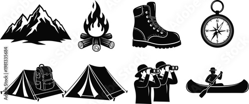 Outdoor adventure silhouette collection mountains camping and exploration icons
